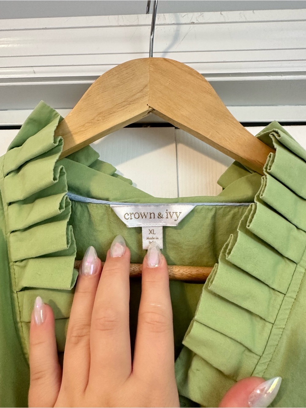 100% Cotton crown & ivy Sage Green Ruffle V-Neck Blouse - Picture 3 of 5